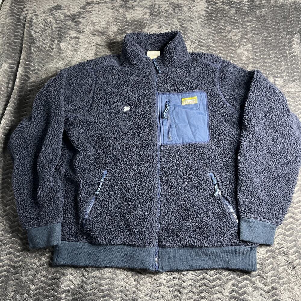LL Bean Mens Sherpa Fleece Jacket Classic Navy Blue Full Zip 517307 L REG